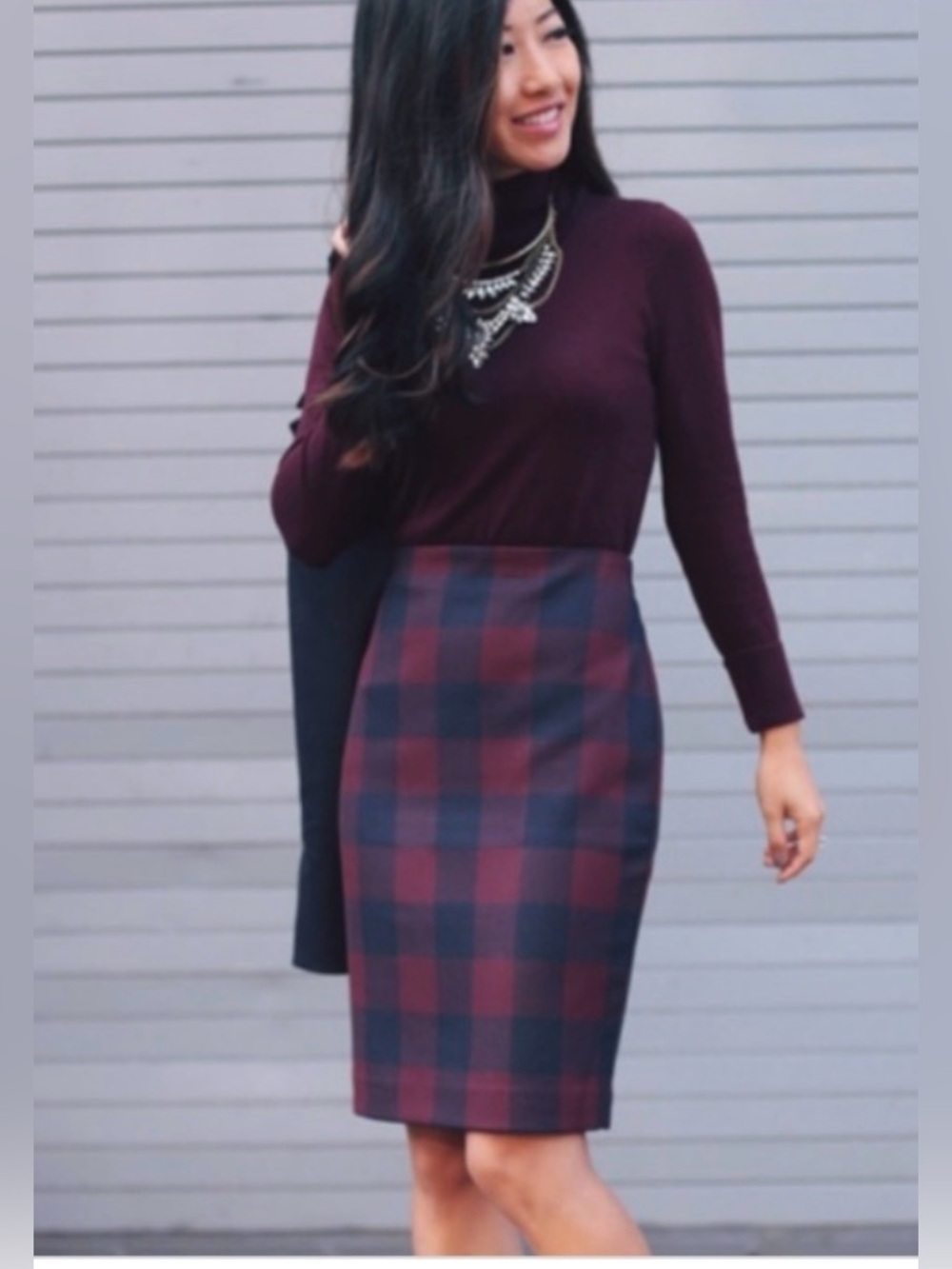 Ann Taylor Burgundy and Navy Plaid Pencil Skirt